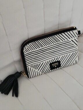 Fossil Black & White Striped Tassel Zip Pouch